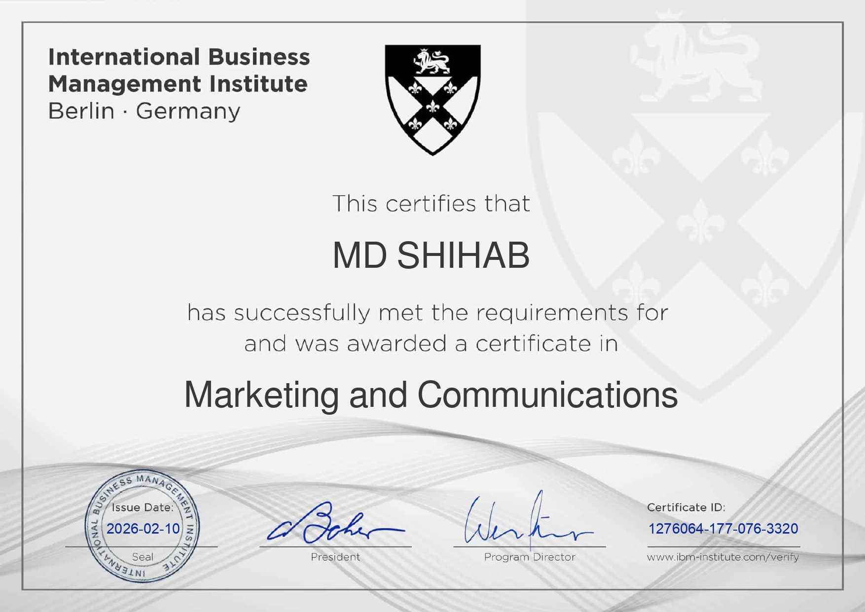 Certification certificate for Marketing and Communications issued by IBMI